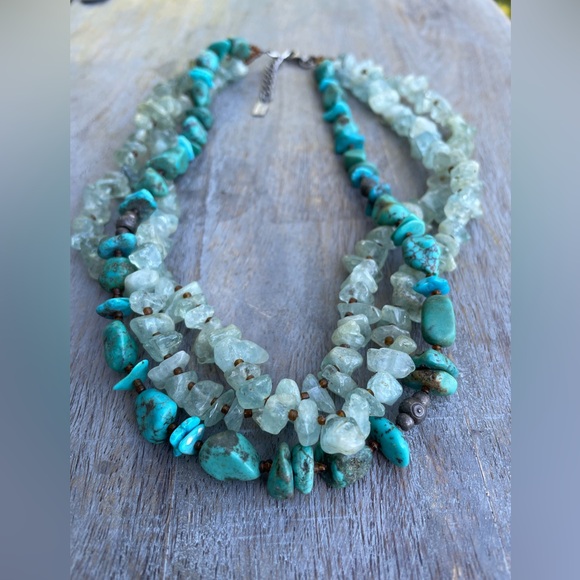 vintage Peyote Bird turquoise aquamarine sterling 3 strand necklace